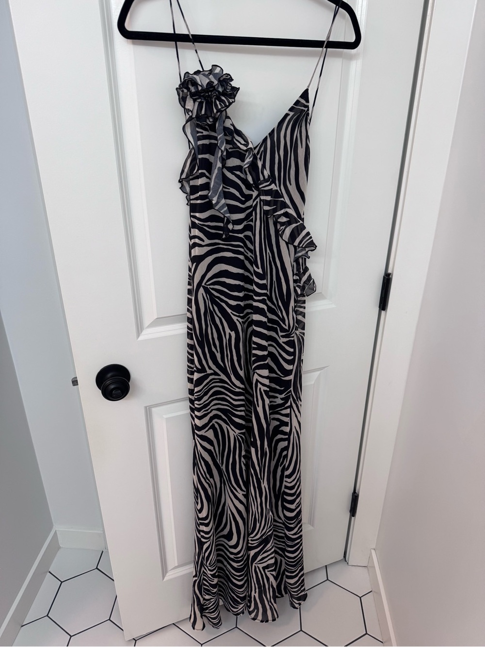 Zara Zebra Print Ruffle Slip Dress - Black & Cream